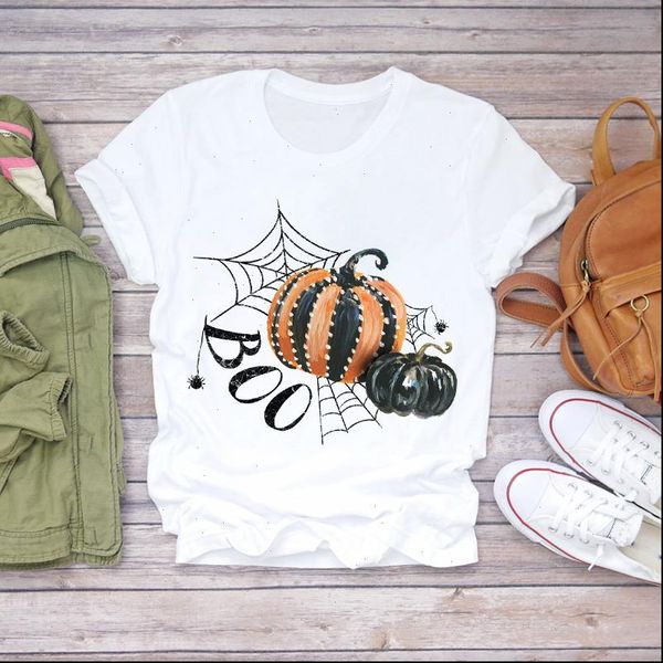 

women spider web pumpkin halloween cartoon fall autumn lady print t shirts t shirt ladies womens graphic female tee t shirt, White