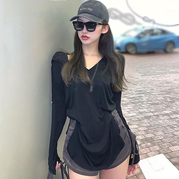 

women's t-shirt solid color hooded streetwear women summer spring t-shirts ladies casual sun protection tee shirt, White