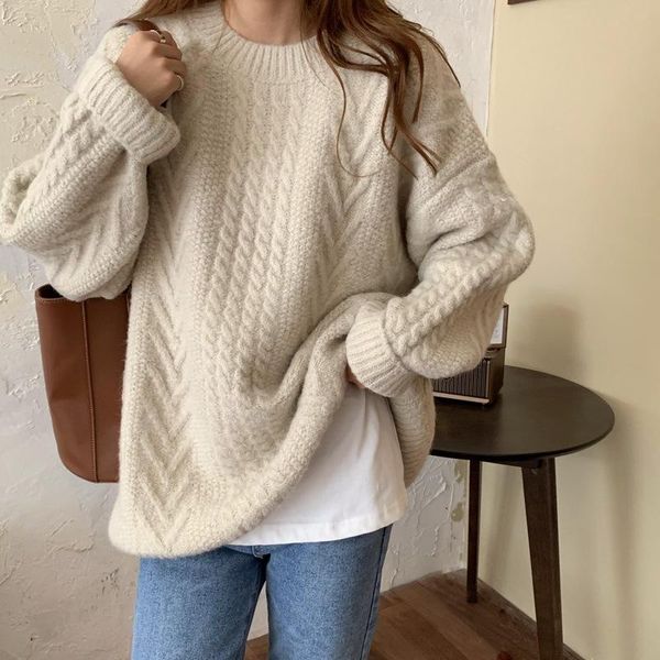 

women's sweaters oversized sweater women knitted pullover vintage loose jumper long sleeve warm ladies casual winter thick knitwear, White;black