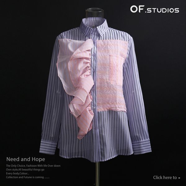 

2021 new design color panel pleated stripes perspective turn down collar shirt women blouse yqyj, White;black