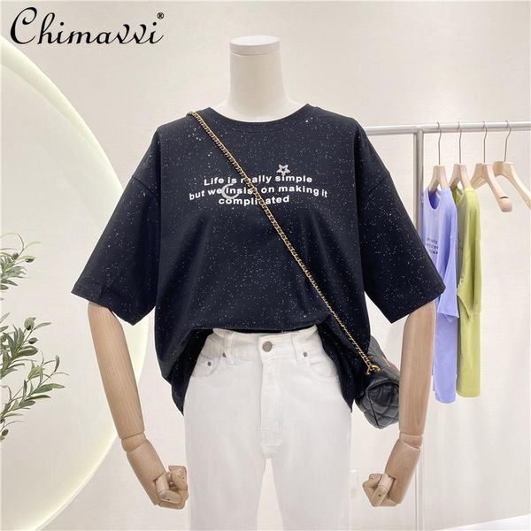 

women's t-shirt summer korean style loose cotton t shirt light diamond short sleeve letter solid color top, White