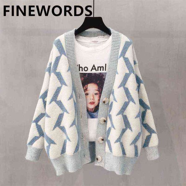 

fiords autumn vintage pattern knitted cardigan women long sleeve korean sweater coat single button loose harajuku cardigans 211117, White