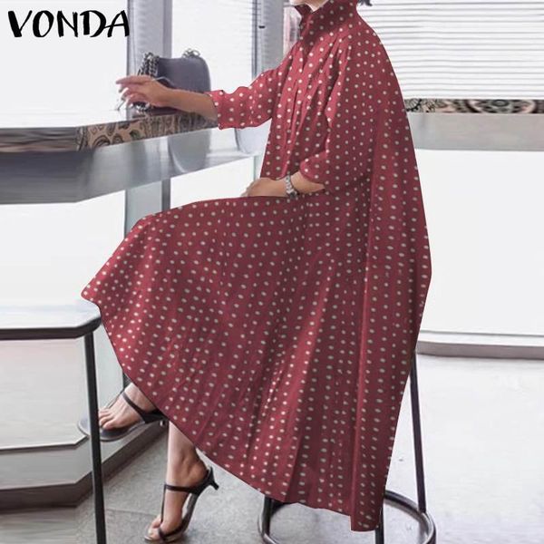 

casual dresses polka dot printed shirt dress turn-down collar sundress vintage asymmetric party maxi long 2021 vonda plus size vestidos, Black;gray