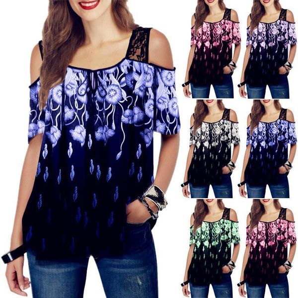 

summer 2021 strap women hole ruffles printed tees plus sizes femme off shoulder blouse geometric shirt lace beboho casual, White