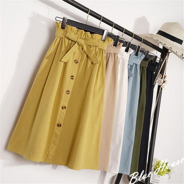 

skirts summer autumn womens 2021 midi knee length korean elegant button high waist skirt female pleated school, Black