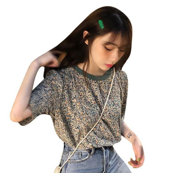 

2021 new retro loose cute floral print women tees round o neck short sleeve fashion trend pullover t-shirt, White