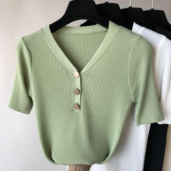 

women's sweaters 2021 summer knitted tees v-neck short sleeve female ice cool knitting shirts stretch basic ladies casual clothing, White;black