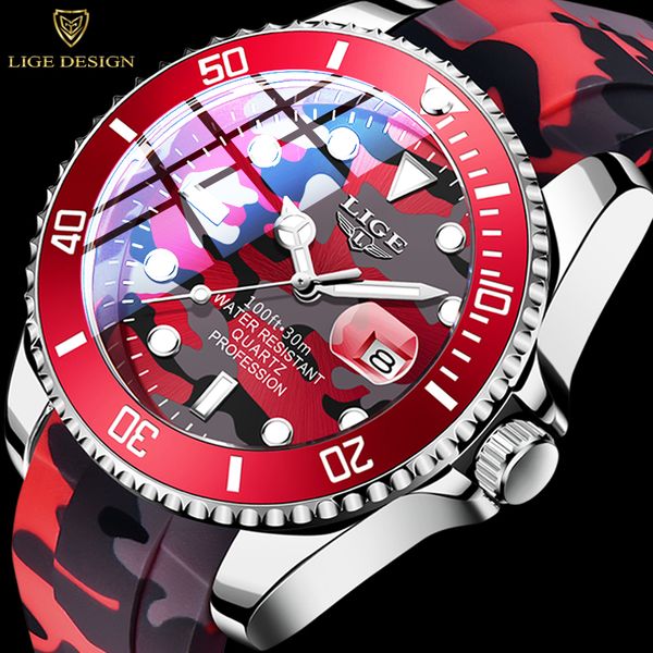 

2022 lige new fashion men watches brand luxury camouflage quartz wrist watch sport red silicone watch for men reloj hombre