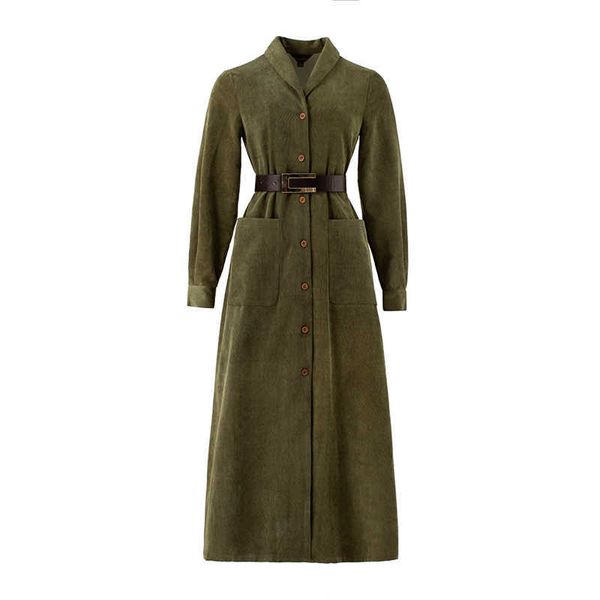 FORSE U Abito lungo da donna verde militare con collo a scialle a maniche lunghe Abito vintage stile impero Coduroy con tasca con bottoni D2204 210529