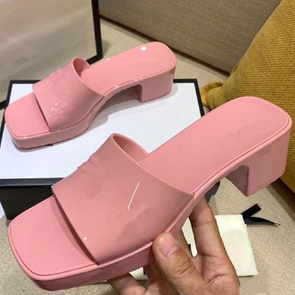 

slippers square high heel platform slides mules shoes women designer fashion jelly summer beach holiday sandals rubber, Black