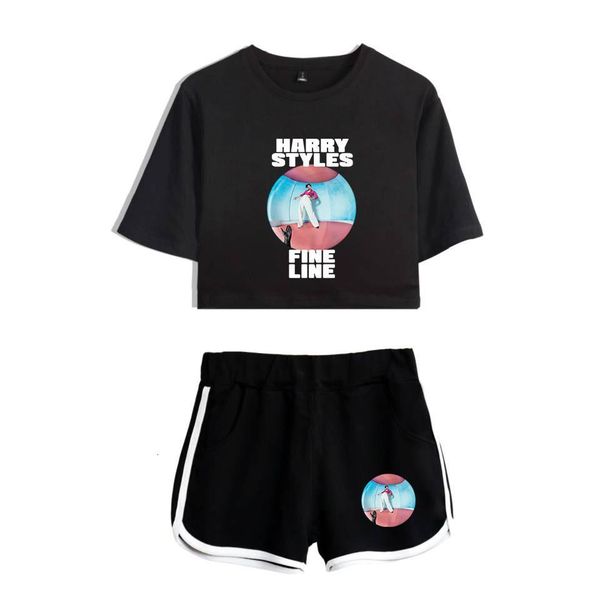 

summer harry styles fine line two piece set women cotton t shirt and elastic waist shorts sets girl, Gray