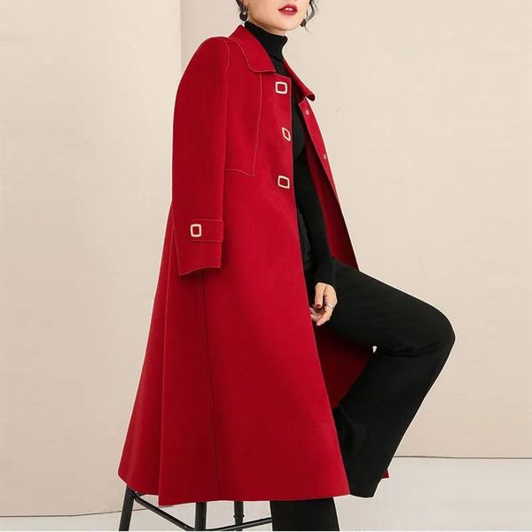 

women's wool & blends women elegant long 60% coat ladies sleeve chic cloak outerwear vintage luxurious woolen coats plus size 5xl overc, Black