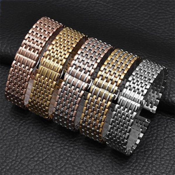 

watch bands thin pattern universal 316l stainless steel watchband 14 16 18 20 22mm silver gold deployment buckle bracelet for quartz, Black;brown