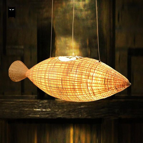 Lustres de bambu de bambu rattan peixe lustre de luminária de luminária decoração de arte criativa asiática japonesa lâmpada hang luminaria restaurante luminaria