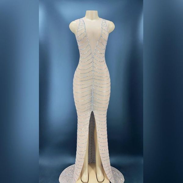 

stage wear mesh silver stones dress evening celebrate dance female singer clothes long train see through costume youdu, Black;red