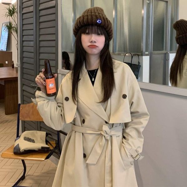 

women's trench coats 2021 autumn long sleeve solid color suit collar coat korean-style loose fashion waist-controlled slimming, Tan;black