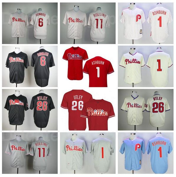 

retro baseball 26 chase utley jersey retire 6 ryan howard 11 jimmy rollins 1 richie ashburn white red 1921 1948 1950 1983 vintage, Blue;black