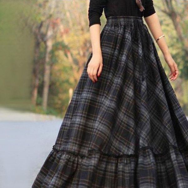 

women plaid skirt 2021 autumn winter retro high waist pleated skirt women casual maxi skirt female flare plaid long skirts, Black