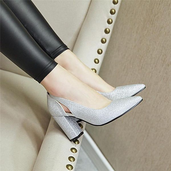 

dress shoes yqbtdl summer silver gold sequined cloth pointed toe shallow hollow party womens block high heels purple black pumps