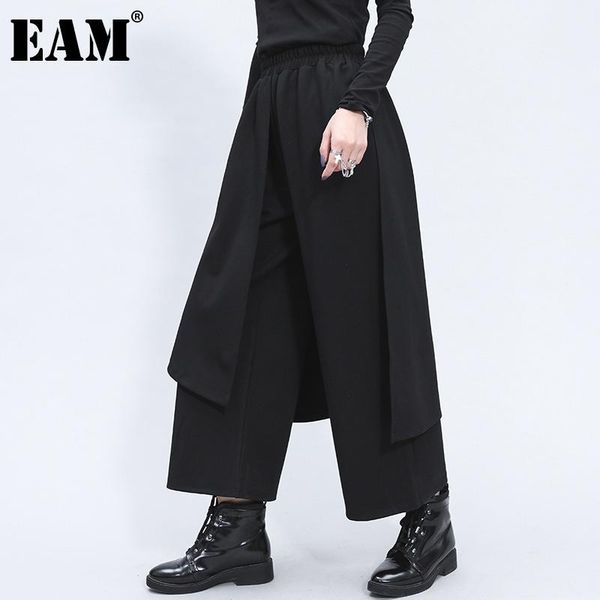 

women's pants & capris [eam] high elastic waist black split joint long wide leg trousers loose fit women fashion spring autumn 2021 1z3, Black;white