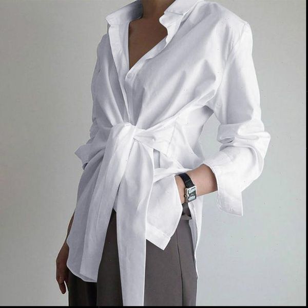 

ewq] 2021 autumn new simple fashion trend ladies solid color loose tie shirt korea plus size 3 color casual blouse qv1084, White