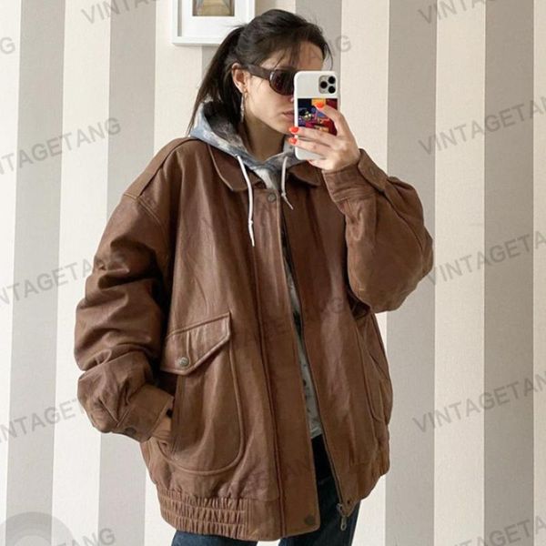 

women's jackets b-toto american retro brown tooling leather jacket female tide ins loose bf fan car suit 2021 fashion, Black;brown