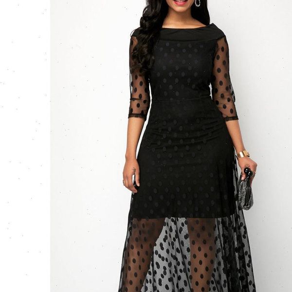 

women long polka dot maxi dress summer boho beach party lace mesh clubwear sundress bodycon formal sheer black vestido, Black;gray