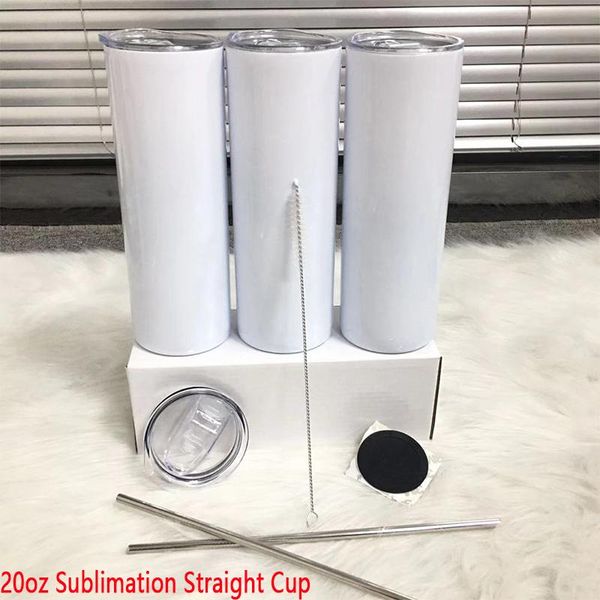 

dhl ship 10pcs diy 20oz sublimation straight skinny tumbler with straw rubber coaster and straw brush doubel wall thermos cup