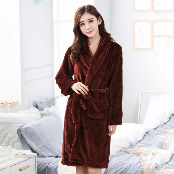 

long women coral fleece autumn winter sleepwear kimono bathrobe gown negligee flannel thick nightwear soft warm home clothing, Black;red