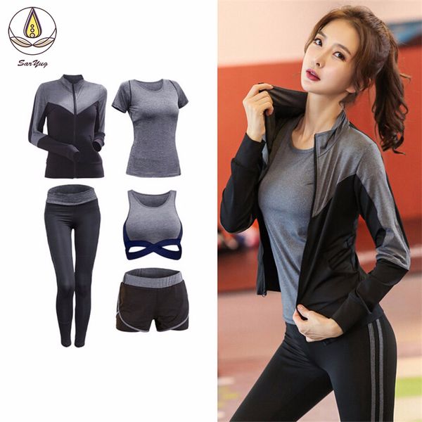 

new patchwork women 2/3/4/5 pcs set yoga fitness gym coats bra t shirt shorts pants quick dry outdoor sports clothing suit sets, White;red