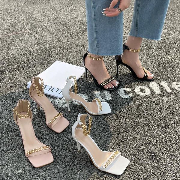 

dress shoes summer metal chain decoration womens zipper sandals office ladies stiletto high heels plus size 35-42, Black