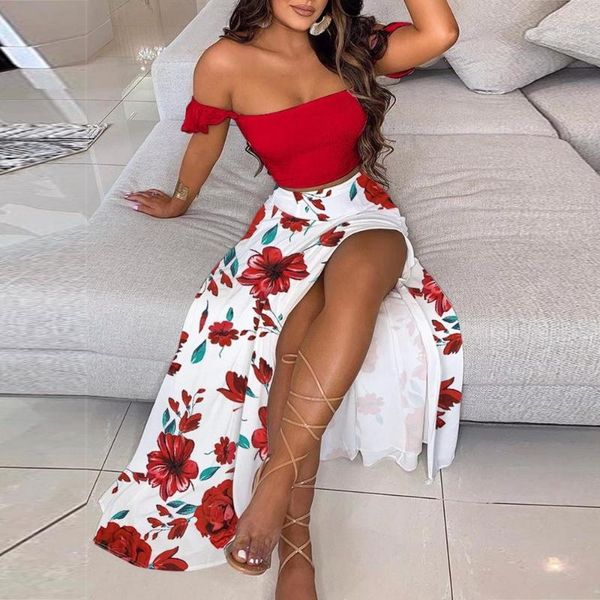 

women floral print long beach dress sets off shoulder split skirt suit summer party two piece set vestidos de mujer women's swimwe, White;black