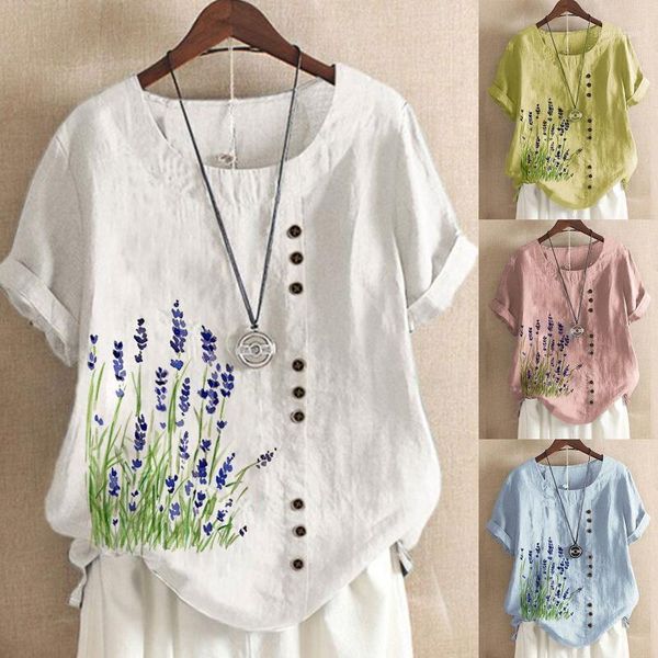 

women's blouses & shirts boho ladies and blouse summer casual loose shirt flower print round neck button short sleeve blusas plus size, White