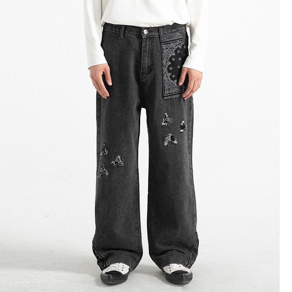 

2021 new high street hole cashew print jeans pants men and women straight ankle zipper washed casual denim trousers t5vo, Blue