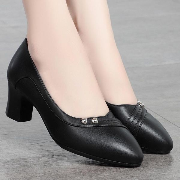 

dress shoes women 5.5cm high heel leather pumps fashion comfortable work ladies round toe thick, Black