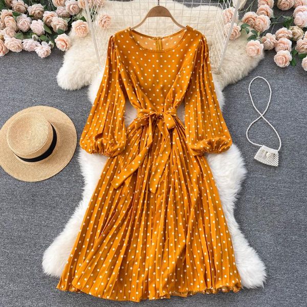 

casual dresses autumn elegant streetwear midi dress french polka dot pleated women long sleeve o neck sashes a-line, Black;gray