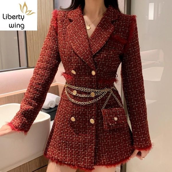 

women's jackets spring elegant tweed coat female brand fashion double breasted lapel vintage plaid red office ladies dress suit jacket, Black;brown