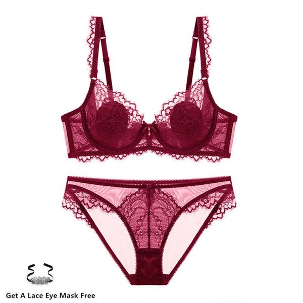 

bras sets cyhwr floral lace underwear eyelash set thin cotton ultra-thin transparent girl large size bra, Red;black