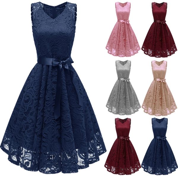 

blue pink women's dress elegant a line vintage princess floral lace sleeveless cocktail v-neck party aline swing empire solid dress for, Black;gray