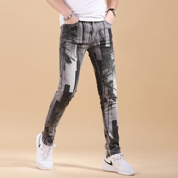 

men's jeans 2021 graffiti print men's mixed color european and american personality patch slim feet casual pants for men trouser, Blue