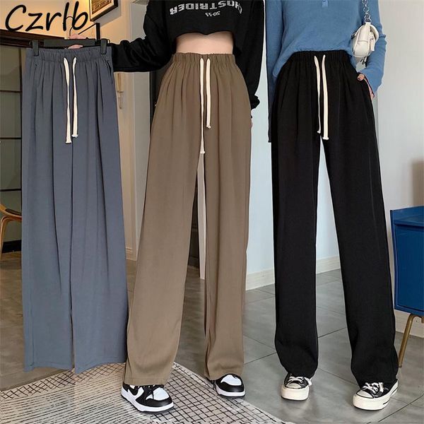 

women's pants & capris casual women autumn drawstring wide leg pure simple cozy college friends all-match ulzzang basic trousers baggy, Black;white