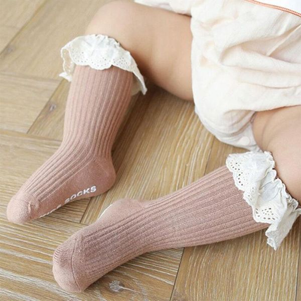 

children's socks spring and autumn new solid color boneless style non-slip tube 2021 baby socks lace baby new d0z8, Pink;yellow