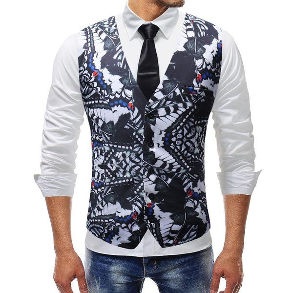 

men's vests autumn and winter 3d butterfly print single-breasted v-neck vest suit wedding business mj108, Black;white