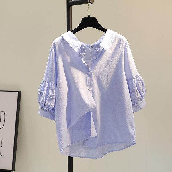 

women's blouses & shirts cotton solid women summer 2021 turn-down collar ruffles lantern sleeved loose elegant office lady outwear, White