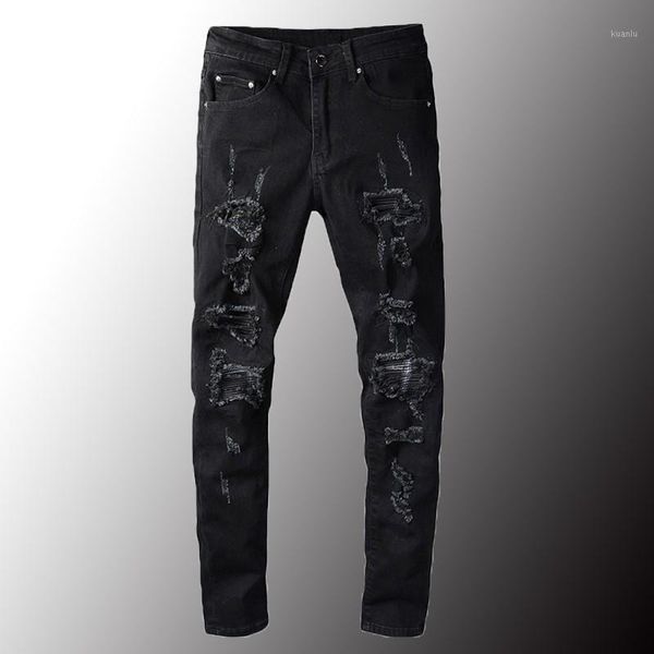 

men's jeans 2021 black ripped biker streetwear slim skinny patchwork pleated stretch denim pants trousers size 40, Blue
