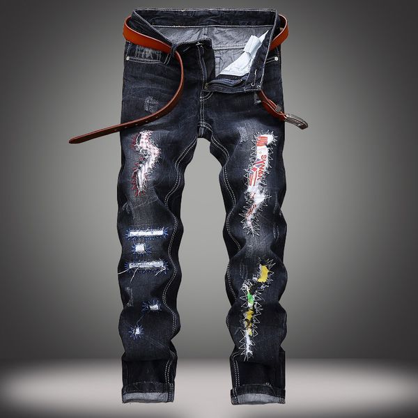 

jeans men's hole sticking fabric straight style fashionable pants, Blue