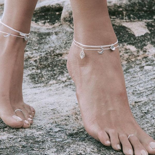 

summer new bohemian shell lotus moon circle anklet women's simple jewelry, Red;blue
