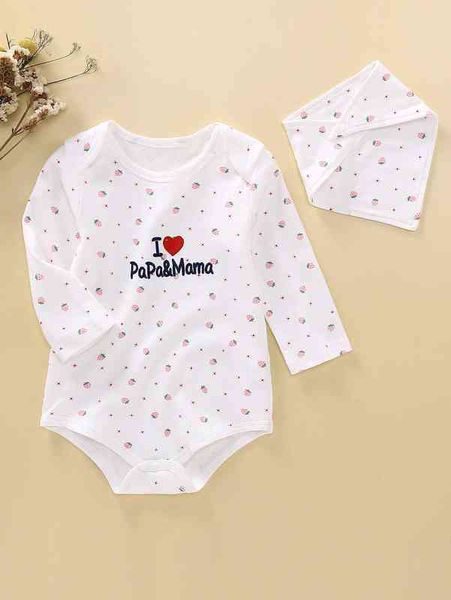

baby strawberry print slogan embroidered bodysuit & bib she, Blue