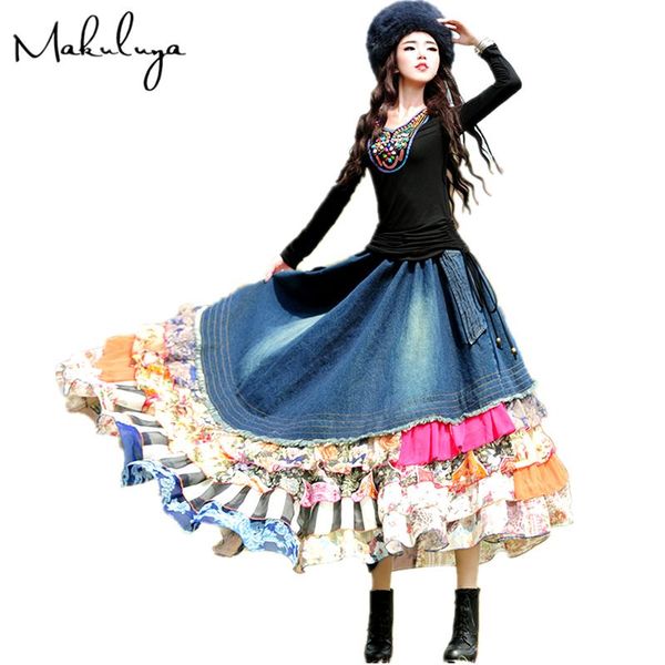 

makuluya women bohemian asymmetrical denim patchwork chiffon ruffles maxi long skirts spring autumn winter summer female l6, Black