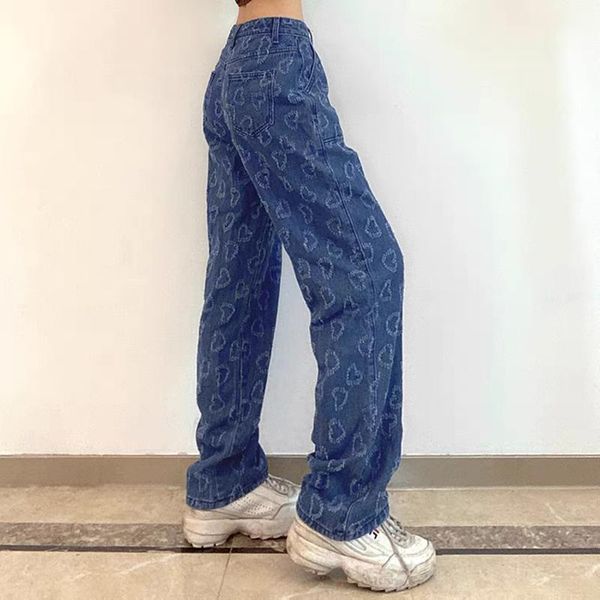 

women's jeans autumn fashion y2k high waist streetwear print denim straight trousers mom pant boyfriends vintage casual clothing, Blue